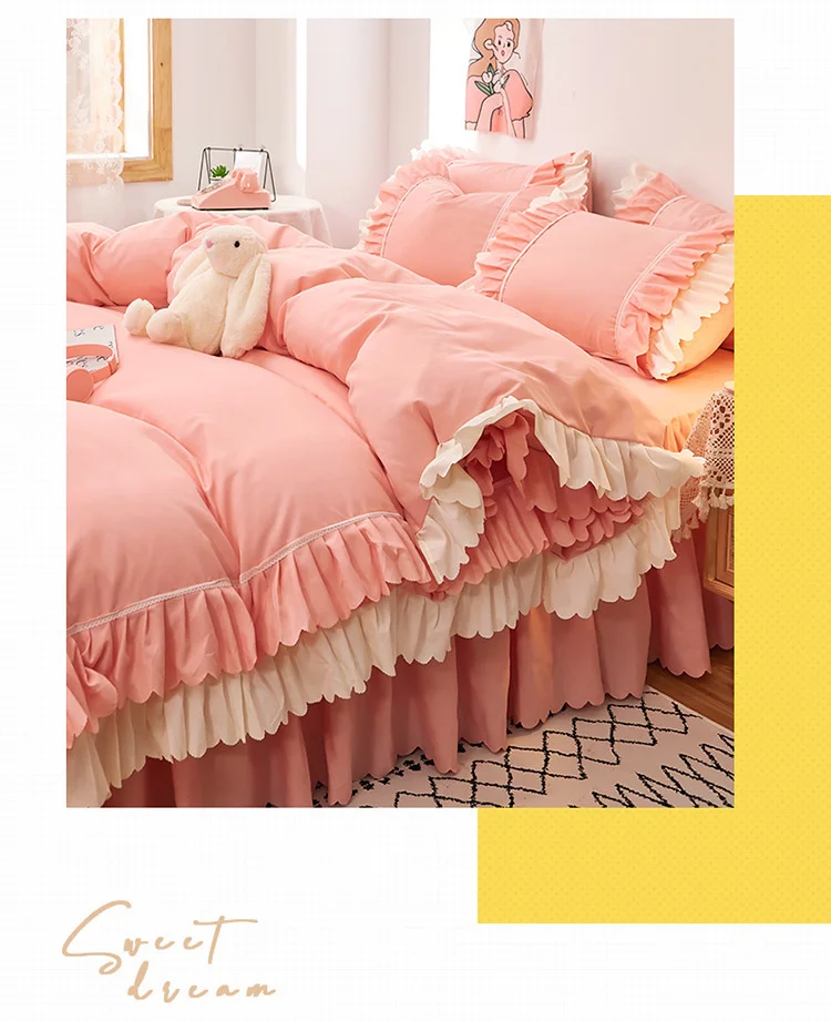 Rosa Spitze Rüschen Bettwäsche Set Luxus Bett Rock Blatt Tagesdecke Koreanische Bettbezug Mädchen Prinzessin Bettdecke Kissenbezüge – Detail 7