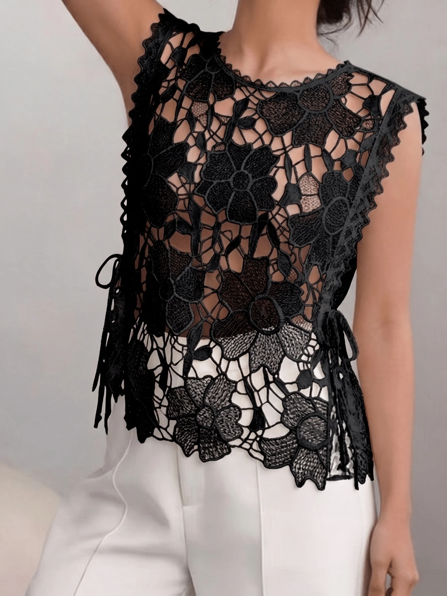 Women Floral Crochet Lace Sleeveless Top, Hollow Out See Through Side Drawstring Summer Vest