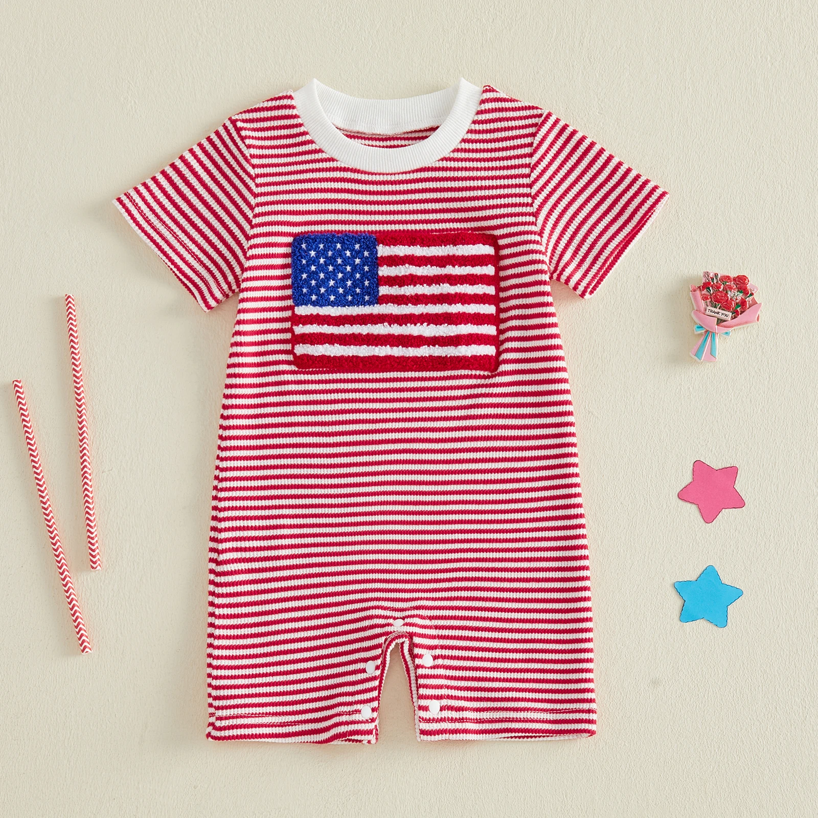 4th of July Baby Boy Outfit Romper USA Flag Short Sleeve Jumpsuit Bodysuit Cute Infant Newborn Waffle Clothes