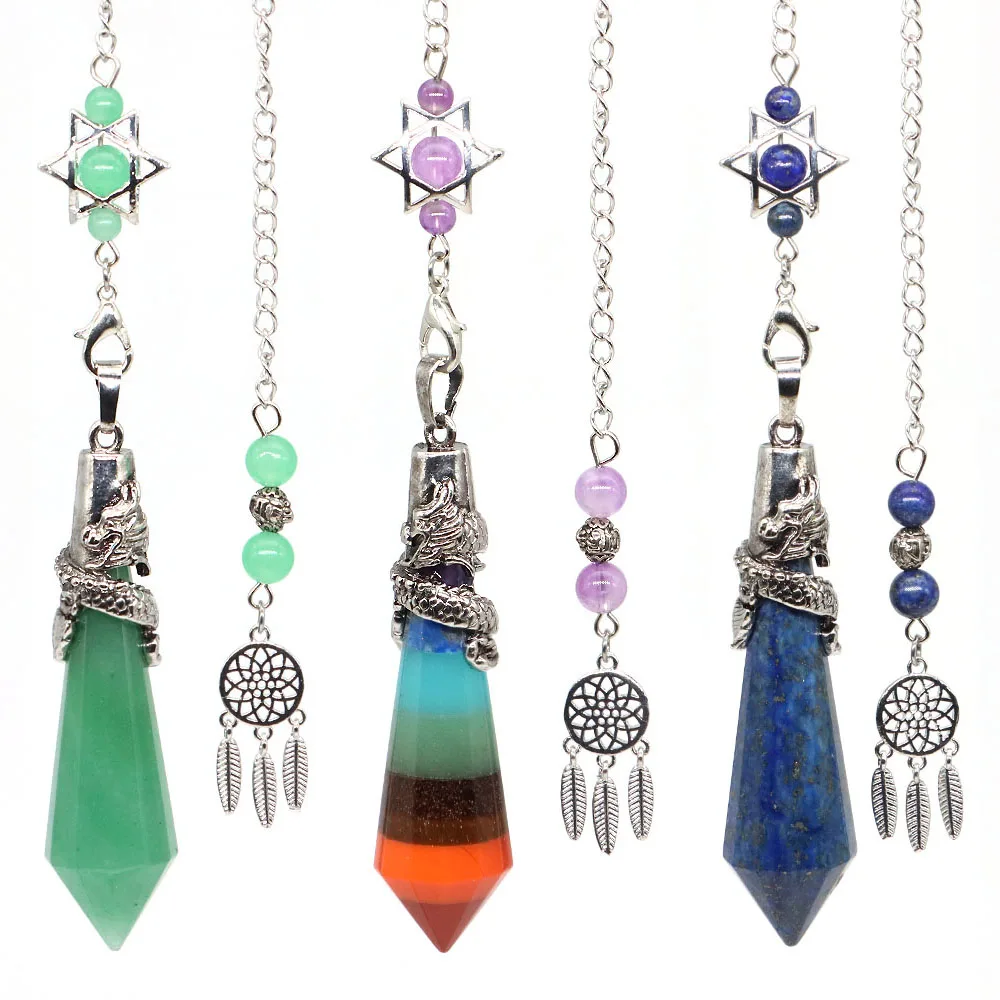 Natural Crystal Pendulum for Dowsing Divination Reiki Gemstone Point Pendulums with Dream Catcher Merkaba Star Spiritual Pendulo