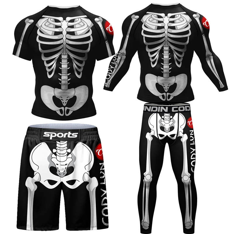 New Skull Jiu Jitsu Rashguards T-shirt +Pants Boxing MMA Shorts Grappling Spats Bjj Kickboxing Jeresys Sport Compression T-shirt