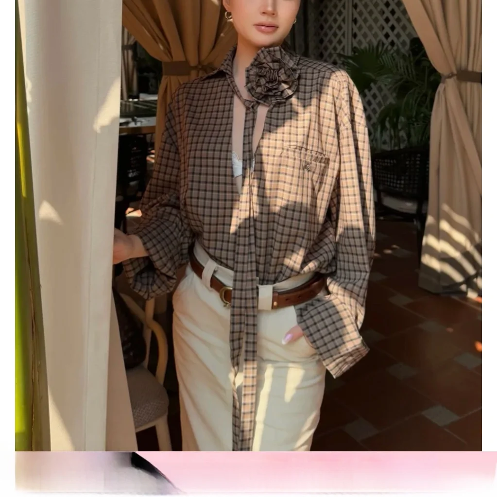 

Retro Plaid Shirt Women's Casual Long Sleeve Sash Coffee Color Shirt Coat Film Frame Design Loose Fit Polyester Skin-friendly...