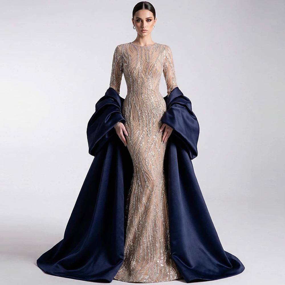 Zartes Abendkleid aus Tüll mit Pailletten, anmutige Meerjungfrauen-Partykleider, exquisite lange Ärmel, Schal, maßgeschneiderte Kleider für besondere Anlässe