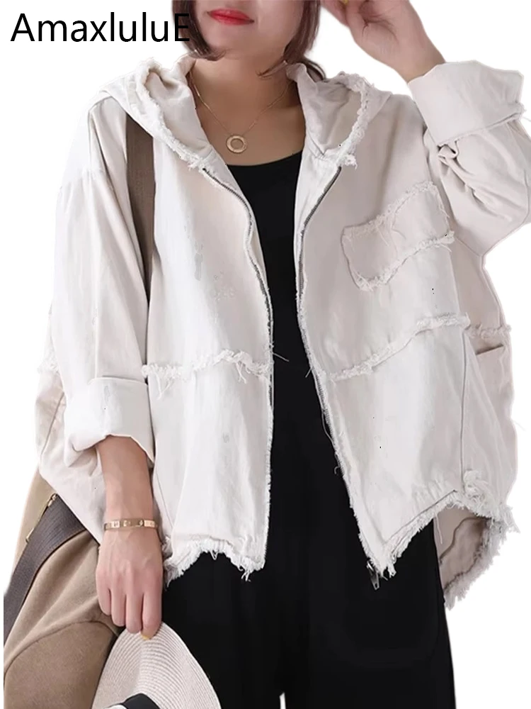Amax luluE koreańska damska luźna odzież wierzchnia modne płaszcze damskie ubrania z kapturem Vintage kurtki wiosenne ponadgabarytowe Denim Streetwear