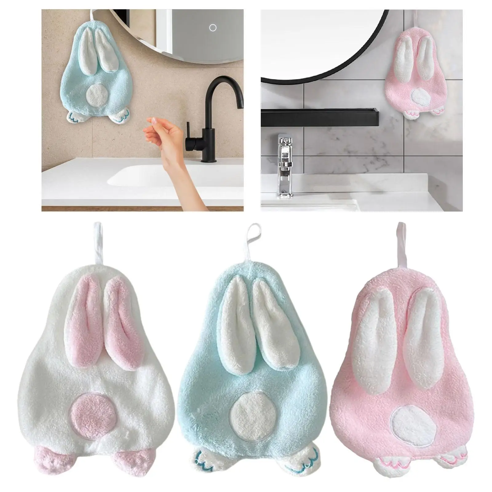 Hand Towel with Hanging Loops Soft Multipurpose Bathroom Hanging Towel Washcloths Bunny Shape for Home Holiday Party Dorm Hotel