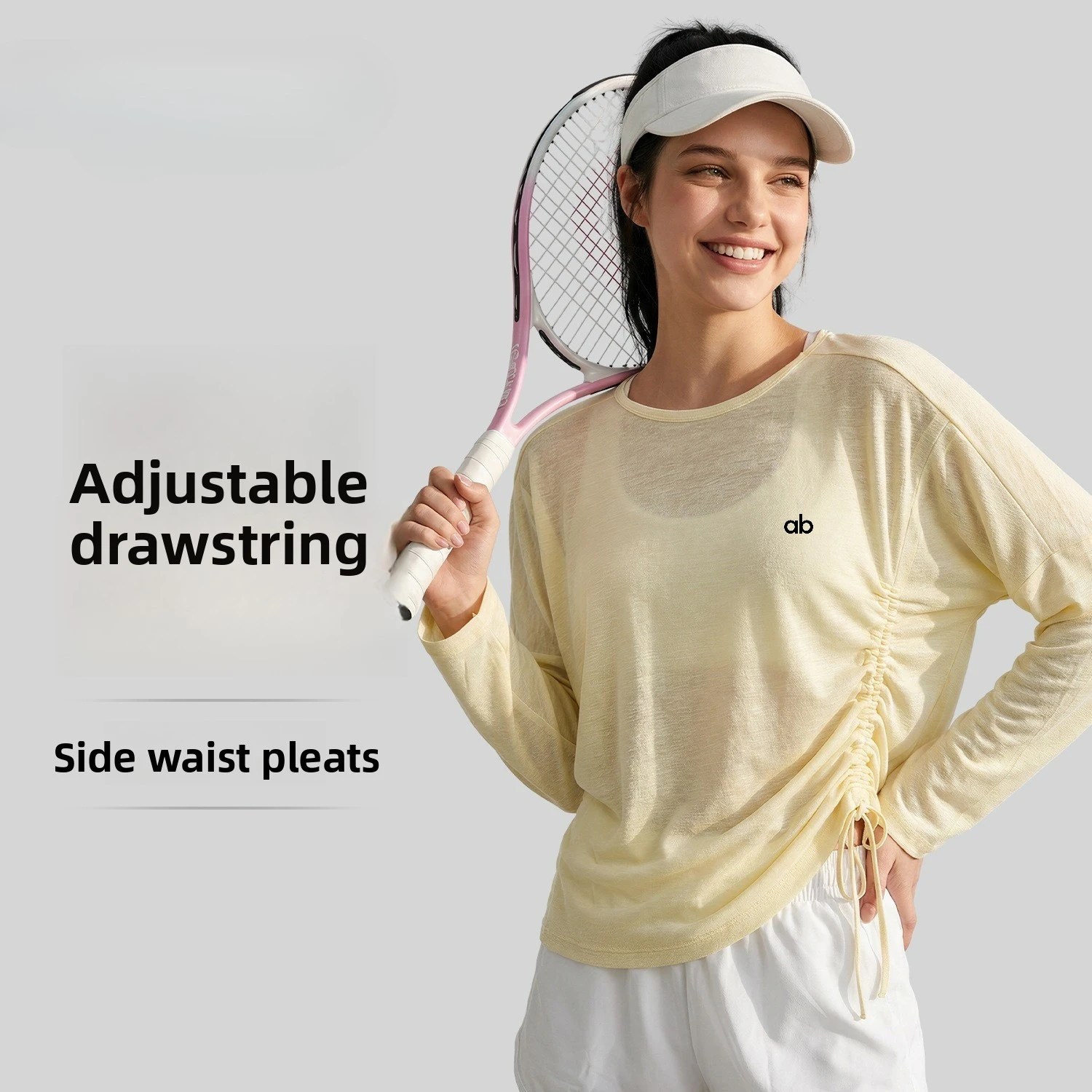 Autumn Women Side Waist Drawstring Long Sleeve Yoga Top Naked Feel High Stretch Loose Cover‑Up Gym Outdoor Fitness T‑Shirt