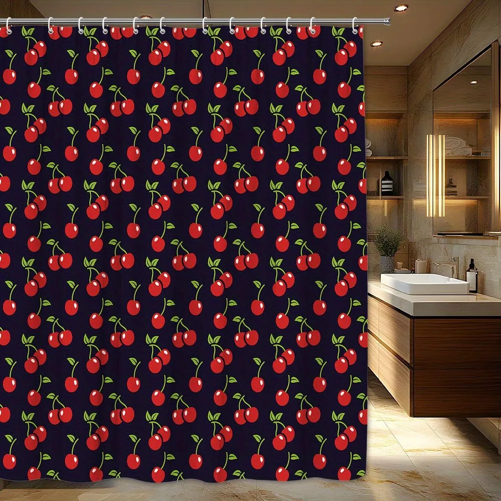 

Red cherries with green leaves Washable Dirt-Resistant Shower Curtain Shower Head waterproof Polyester Bath Curtain
