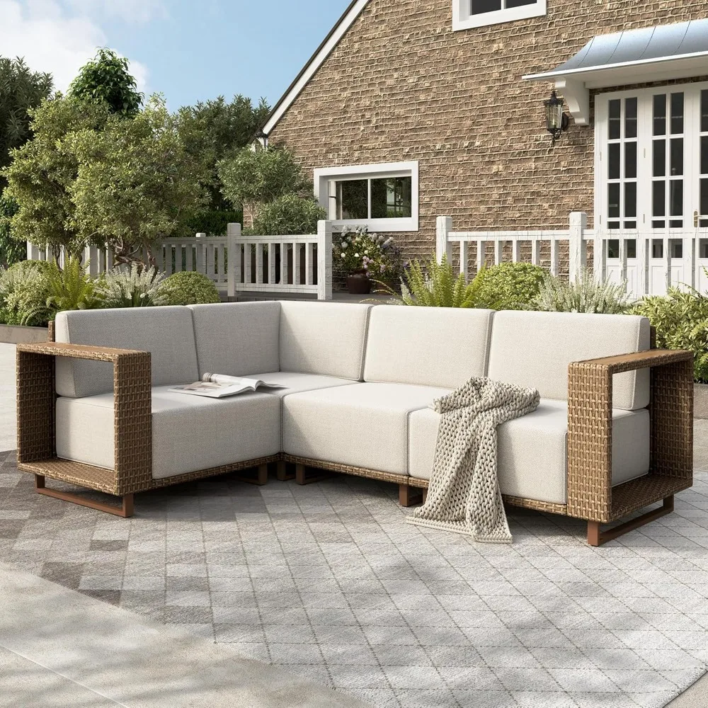 

4 Pieces Patio Furniture Set Sectional Outdoor Rattan Wicker Sofa All Weather Patio Conversation Set with 5.3" Widened Armrest