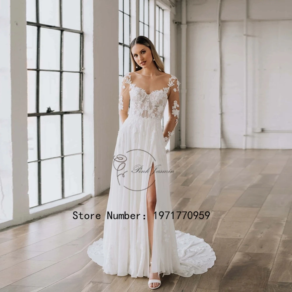 

2024 New Classic Long Sleeves Wedding Dress Scoop Backless Bride Party Gowns Chiffon A-Line Lace Applique vestido de noiva