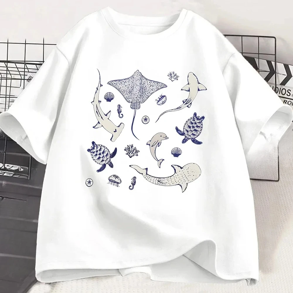 Sea Animal T Shirt Stingray Shark Turtle Dolphin Graphic Tee Ocean Life Top Marine Biology Apparel Summer Casual Clothing