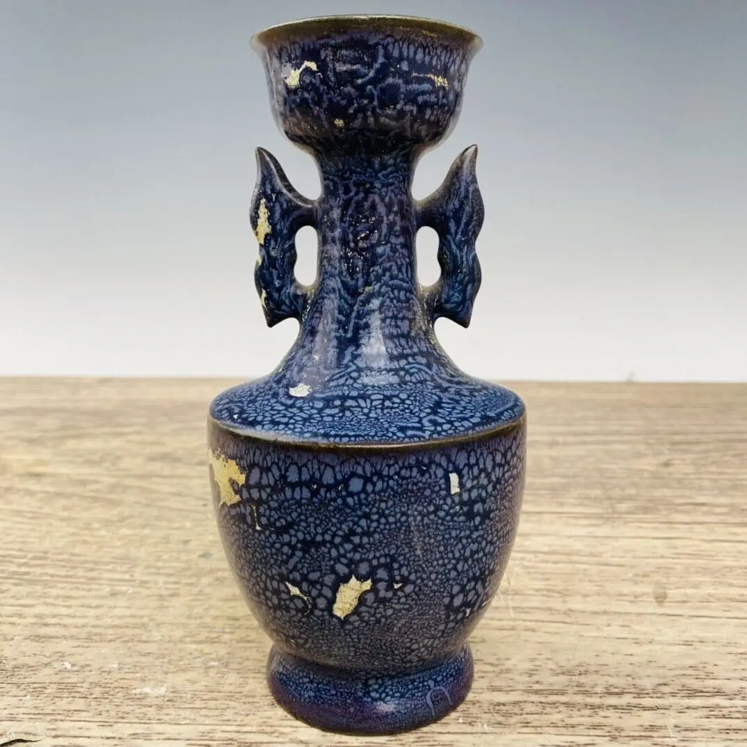 7.3" Old China Porcelain Song dynasty ru kiln Blue glaze speckle double ear Vase