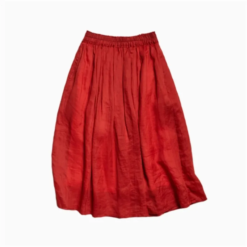 Summer Double-Layer Ramie Skirt Women Literary Red A-line Midi Skirt Versatile High Waist Loose Half Skirt Causal