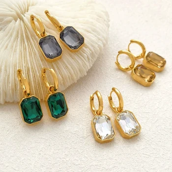 ユプスク-女性用スクエアジルコニアイヤリング,ステンレススチール,ゴールドカラー,メタルリング,デイリージュエリー,パーティー,女の子,トレンディ