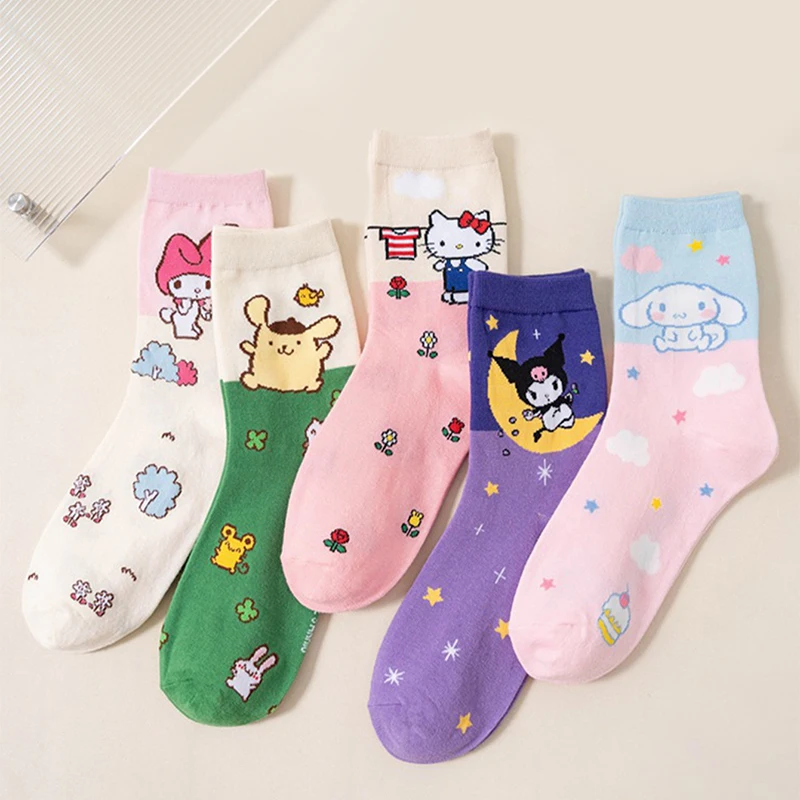 5 pcs New Sanrio Dream Party Women's Stockings Innovative and Cute Korean Cartoon Hello Kitty Gift Socks