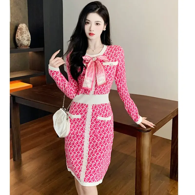 Luxury High-end Autumn Winter Y2k Clothing Letter Print Vintage Dress Women Slim Trend Bow Designs Knit Dresses Evening Dresses