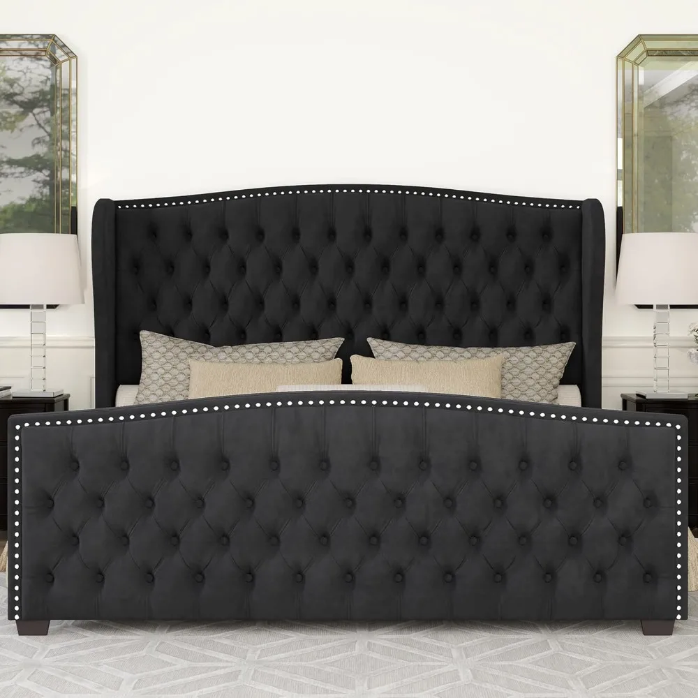 Queen Size Platform Bed Frame, Velvet Upholstered Bed with Deep Button Tufted & Nailhead Trim Wingback Headboard/No Box Spring