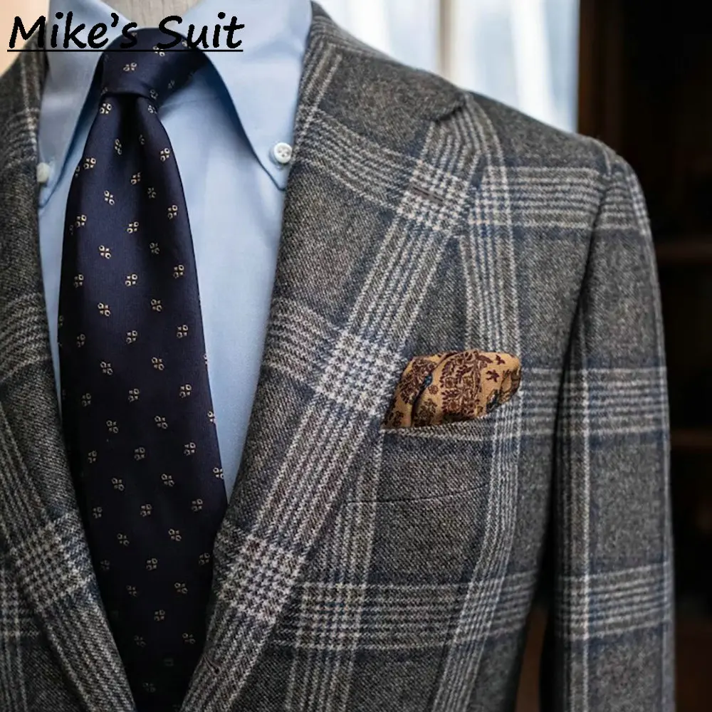 Men Two Buttons Notch Lapel Sports Suit, Grey Glen Check Wool Tweed Fabric, Country Wedding Casual Suits