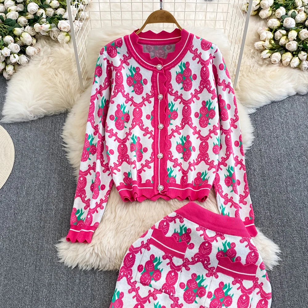 

Knitted Cardigan Coat And Skirts Women Slim Fit Vintage Elegant Short Top And Skirt Set V-neck Single Breasted 2 Piece Set 2023