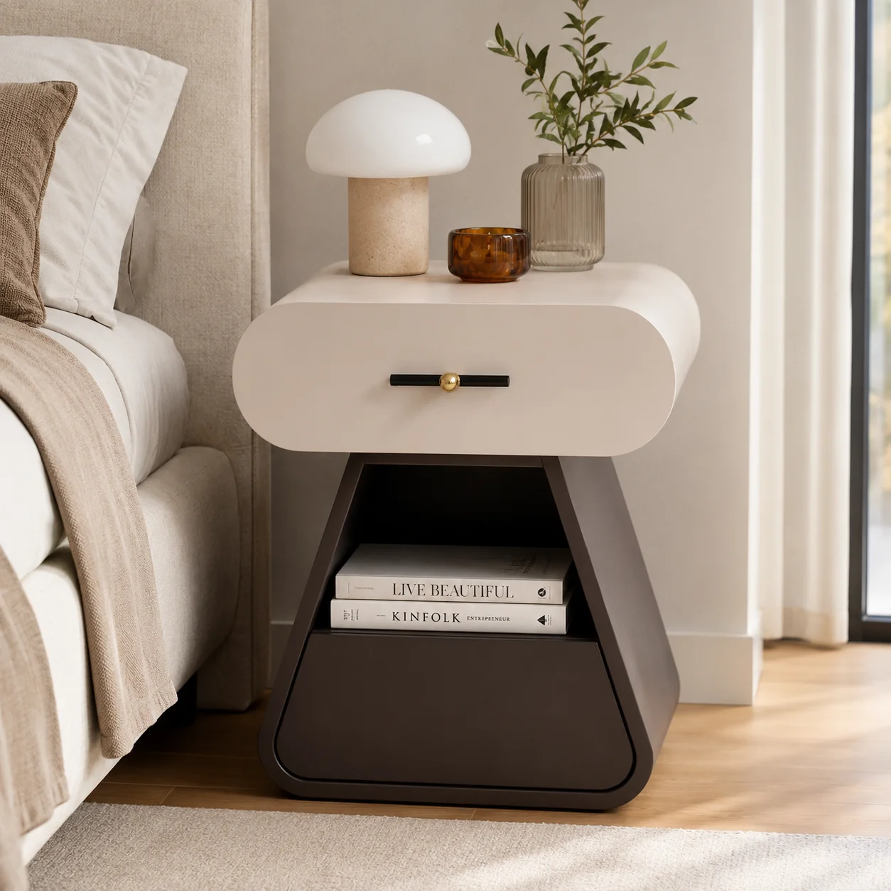 #Modern Ivory White Dark Gray Base E1 Board Metal Frame Nightstand Bedside Table Storage Cabinet Bedroom Wholesale