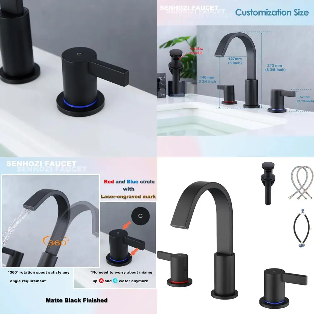

8 Widespread 3-Hole Matte Black Sink Faucet with Dual Handles, Pop-up Drain, and Supply Lines