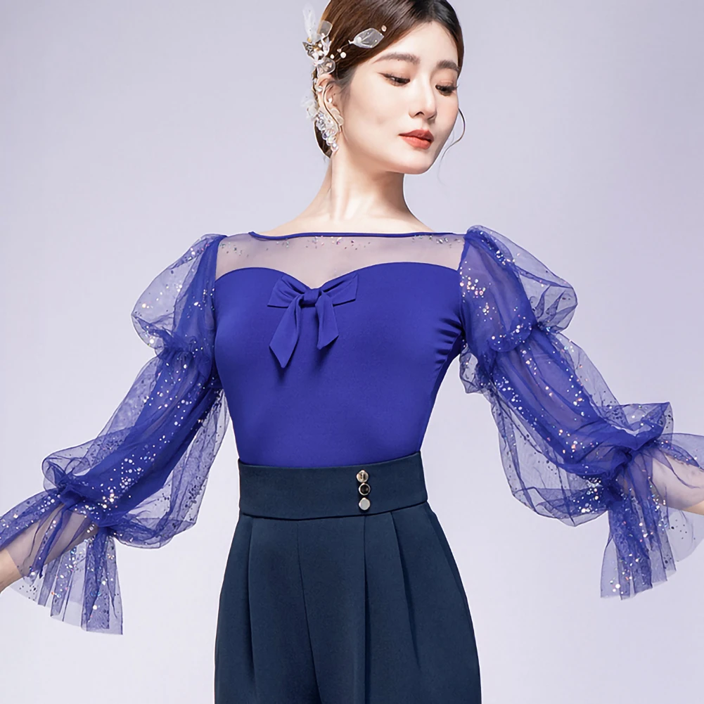 Фиолетовая одежда, новая женская тренировочная одежда, топ с длинными рукавами и круглым вырезом, черная синяя рубашка для танцев самбы, сетка