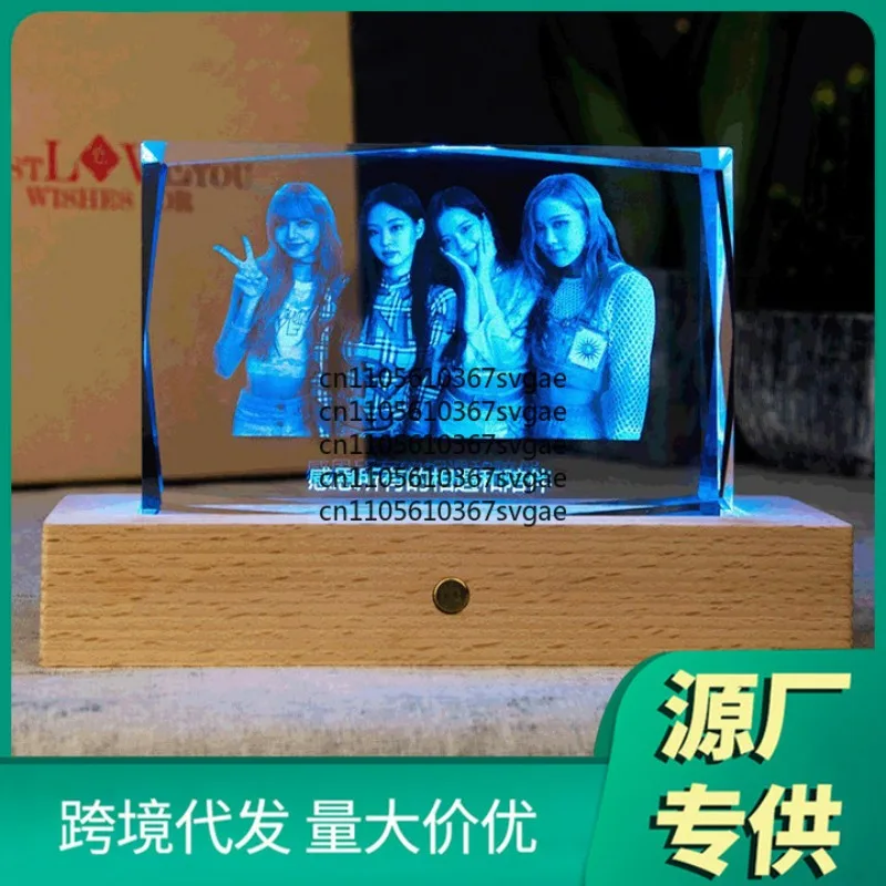 Cross-border crystal photo pattern 3d inner engraving creative gift solid wood base ornament night light factory wholesale