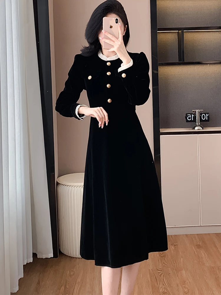 Frauen Koreanische Vintage Bodycon Prom Kleidung Herbst Winter Schwarz Samt Chic Rüschen Kragen Langes Kleid 2025, Elegante Luxus Vestidos