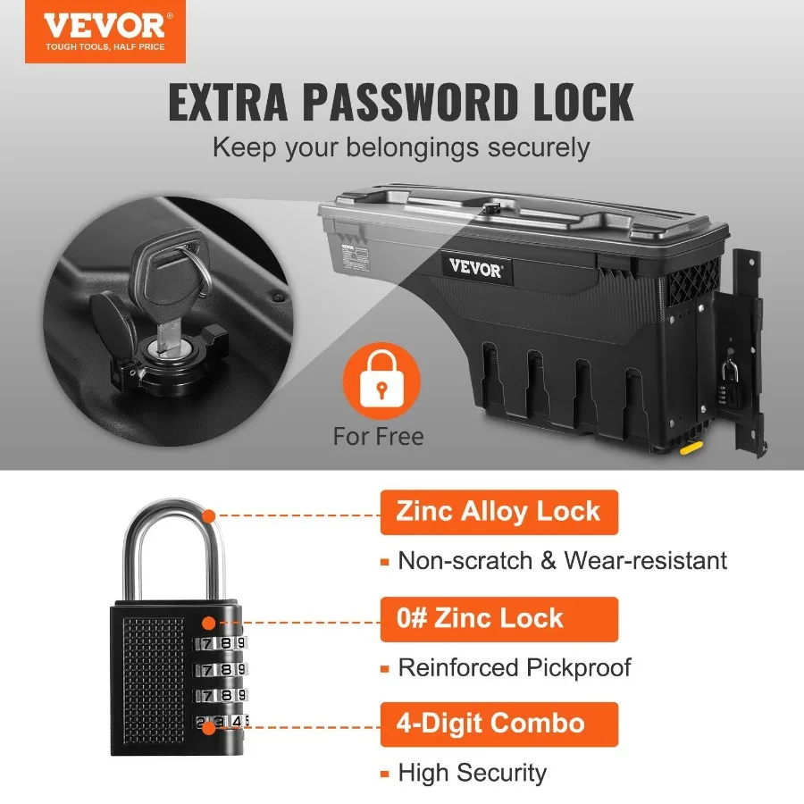 Truck Bed Storage Box Lockable Swing Case with Password Padlock 6.6 Gal 25 L ABS Wheel Well Tool Box Waterproof and Durable Co