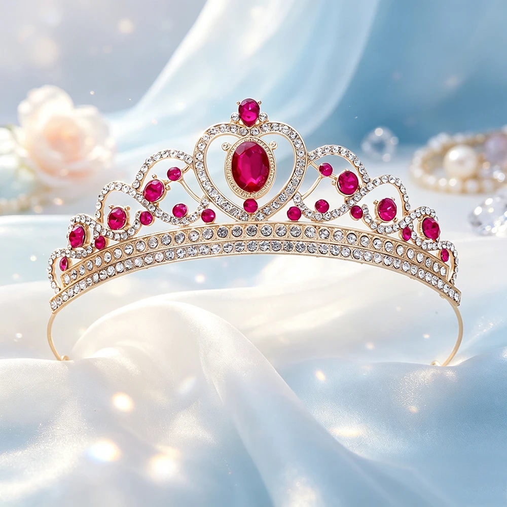 1pc Gold Tone Heart‑Shaped Tiara Crown Rhinestone Bridal Headpiece Elegant Pageant Prom Sweet Party Hair Jewelry Accessories