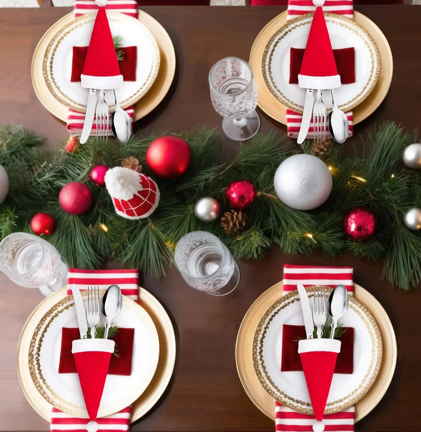 38Ct Christmas Santa Hats Silverware Holders |   Xmas Party,Dinner Table,Dinnerware Decorations Supplies,Flatware Decor