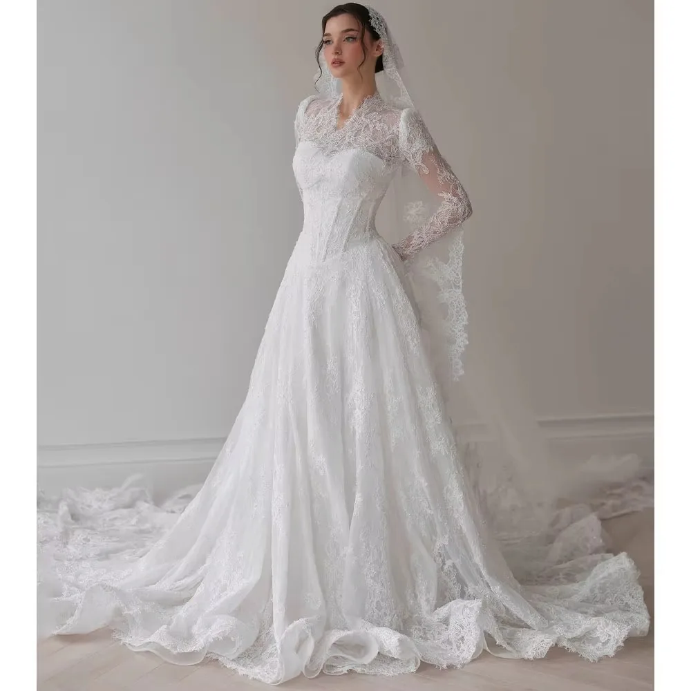 Elegant Lace Wedding Dresses High Neck Long Sleeve A Line Bride Dress Sweep Train Pearl Bridal Gown vestido de novia  Customized
