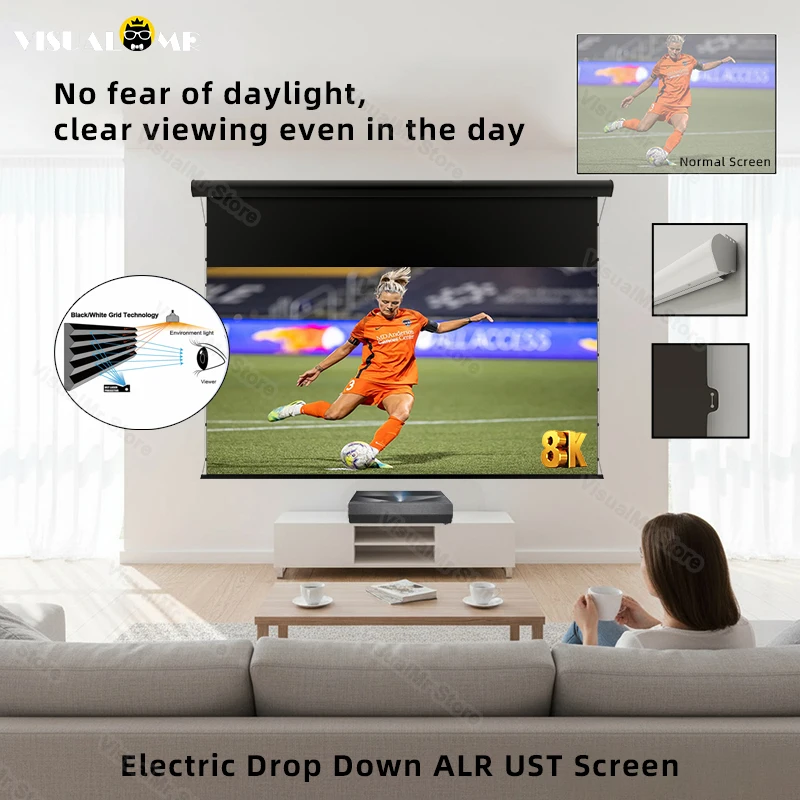Electric Drop Down Black Grid ALR Crystal UST Projection Screen Motorized Ceiling&Wall Mount 150