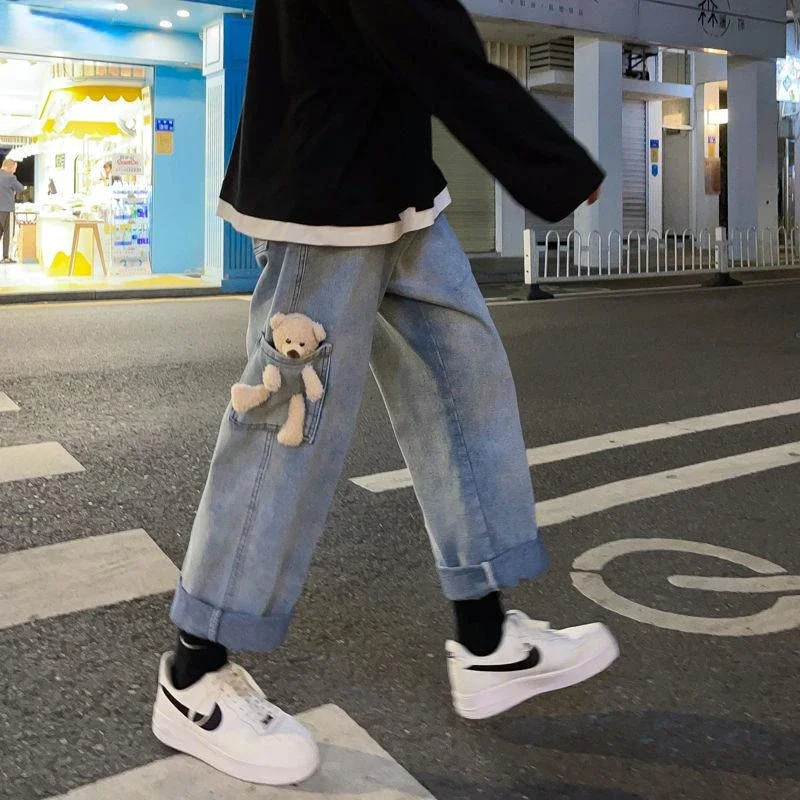 2023 New Fashion Bomb Street Jeans Men's Casual Pants Cute Pocket Bear Harajuku Wide Leg Pants Denim Pants Trend