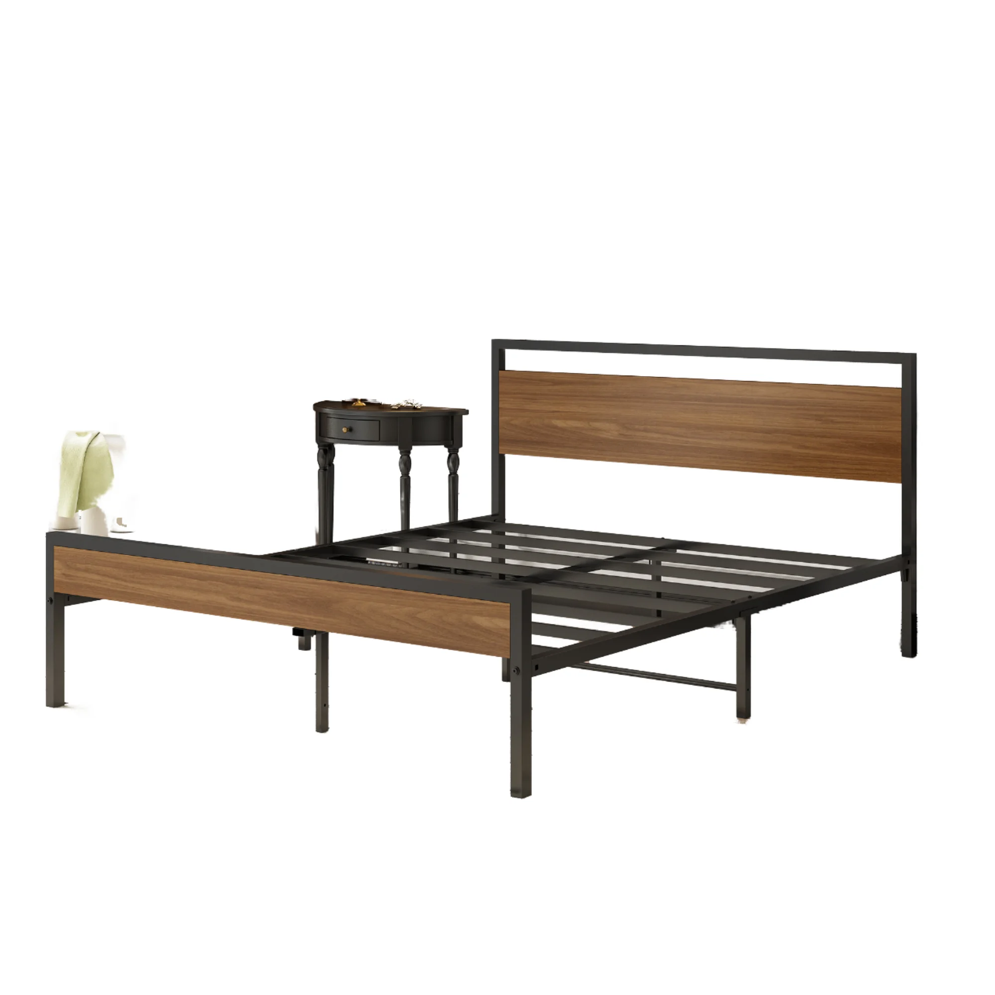 

High Quality Queen Size Modern Upholstered Metal Bookcase Bed Wooden Iron Bedframe Soft Storage Headboard Durable USB Bedroom