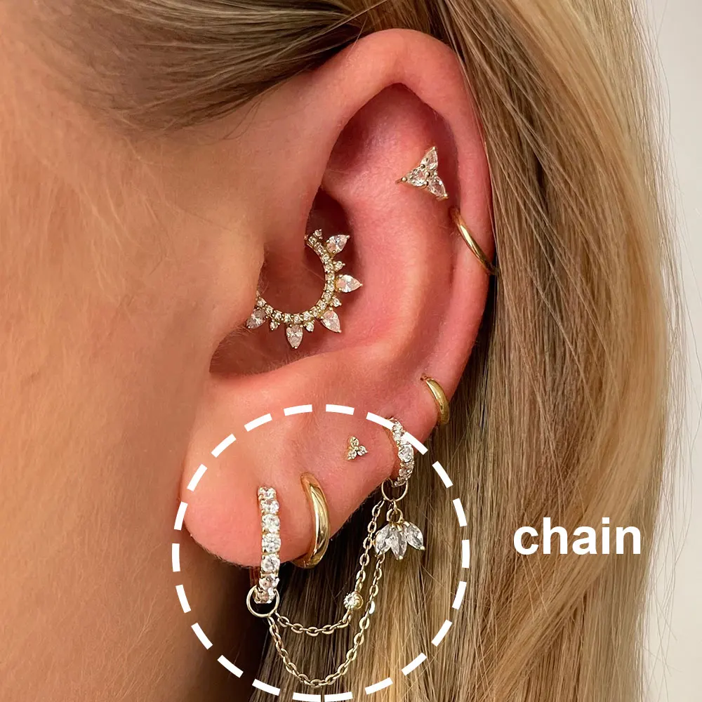 1 Stuk Schakel Ketting Oor Piercing Neus Scharnierende Oorbel Kroon Ronde Zirkoon Hanger Schelp Helix Kwast Piercing Kettingen Lichaam Sieraden