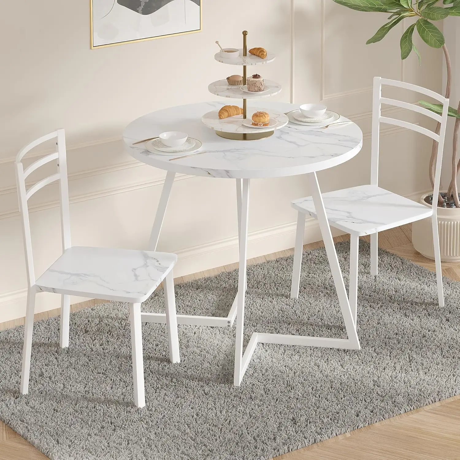

Small Round Dining Table Set for 2, Wood Tabletop with Strong Metal Frame, Modern Dinette with Chairs for Kitchen