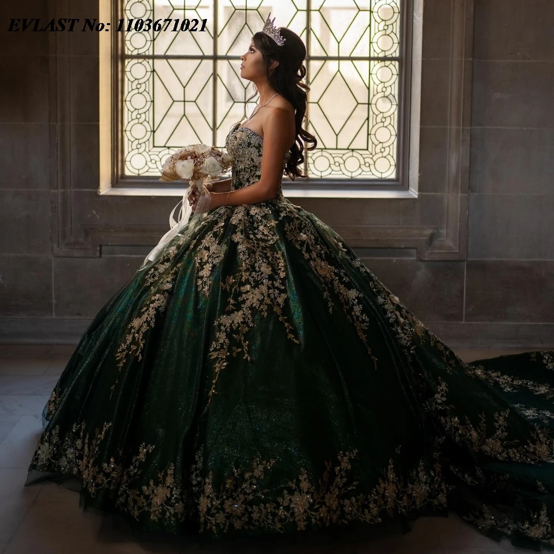 EVLAST Customized Emerald Green Ball Gown Quinceanera Dress Gold Lace Lace Applique Beads Corset Sweet 16 Vestidos De Anos SQ390