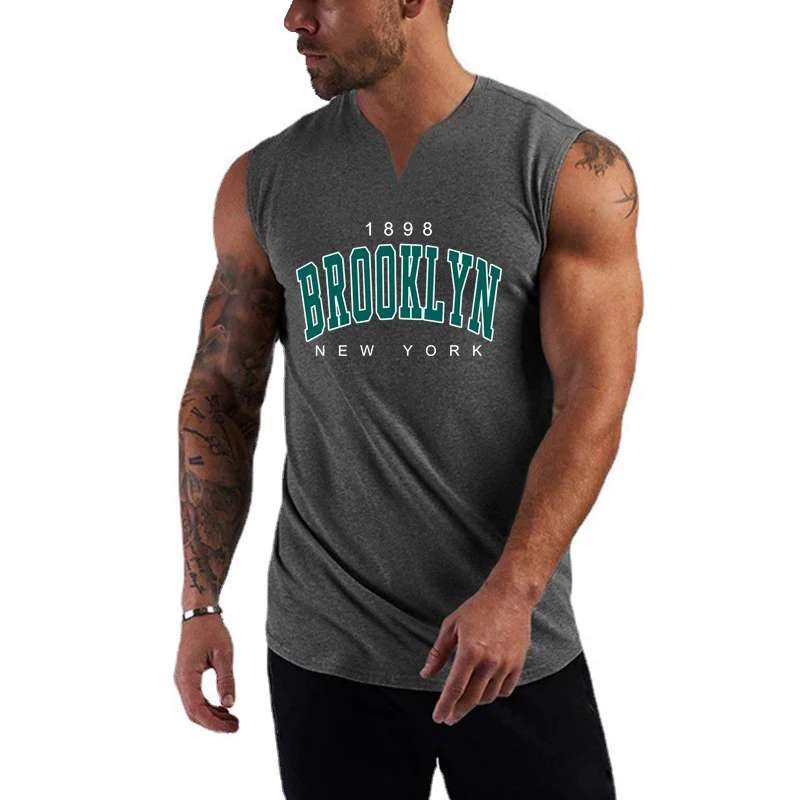 1898 Brooklyn New York Printed Gym Fitness Vests Cotton Breathable V-Neck Sleeveless Shirt Mens Bodybuilding Workout Tank Tops