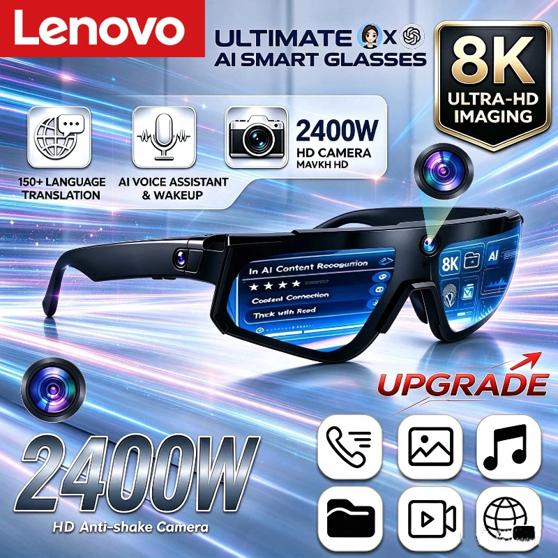 Lenovo AI Smart Glasses ChatGPT 8K Camera 2400W Anti-shake Cycling Video&Photo Sport Sunglasses DualMic 32GB Windproof Goggles
