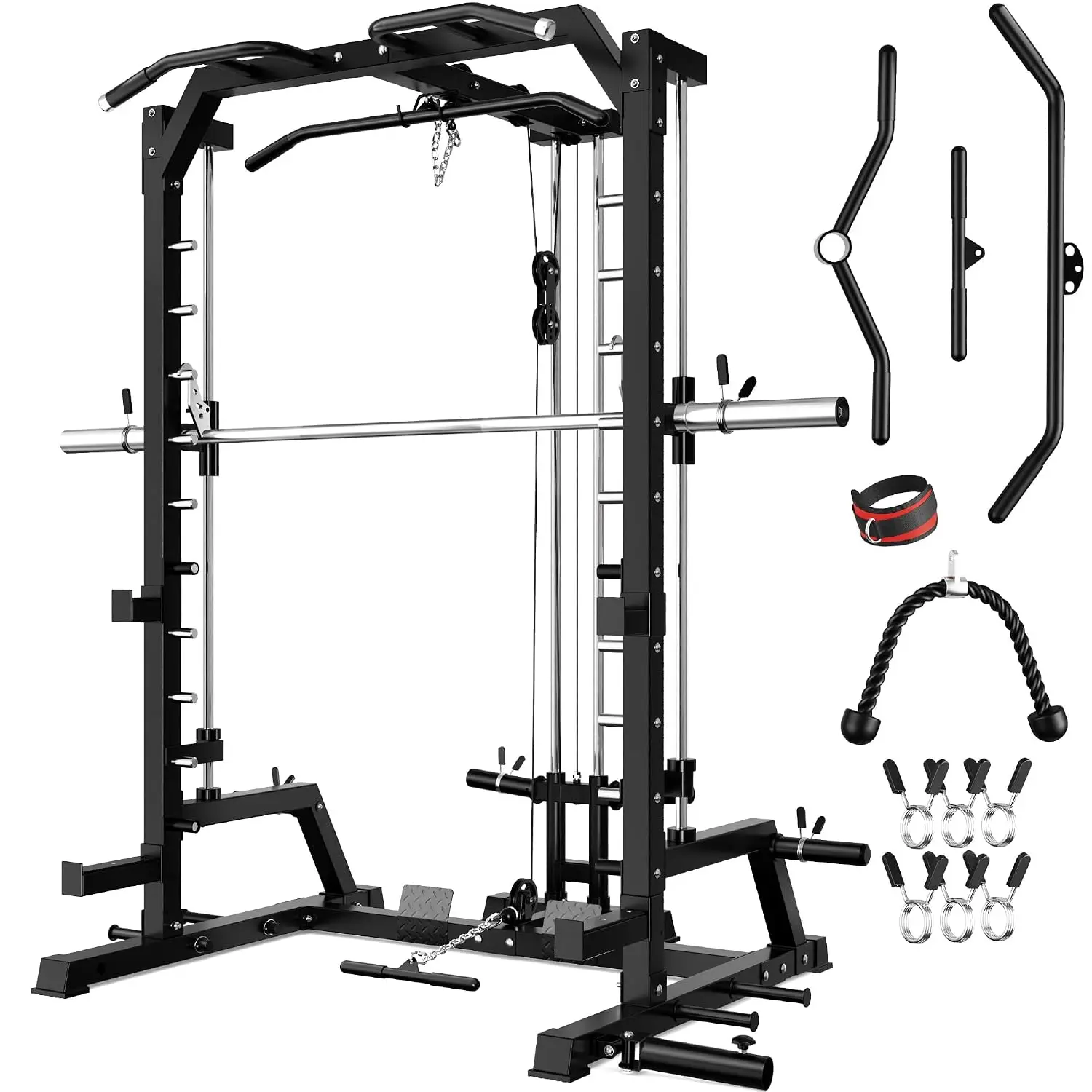 2000LBS Power Cage with LAT Pulldown & Smith Bar, All-in-One Squat Rack with Attachments for Full Body Workouts, Customized