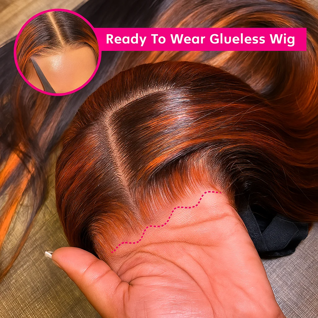 Wig Rambut Asli Highlight Lace Front Warna Ginger Orange Gradasi Lurus Tanpa Lem 5x5 Bleached Lace Wig Rambut Asli Berwarna