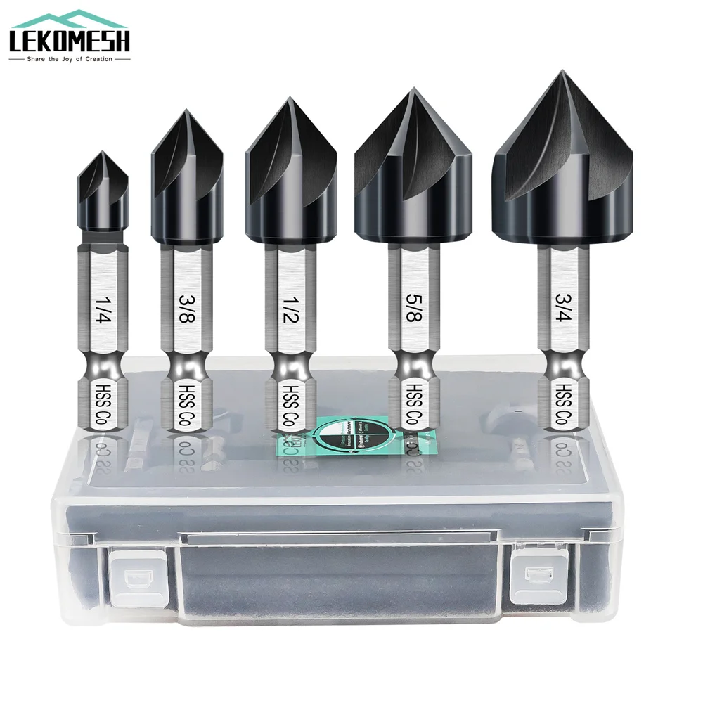 

LEKOMESH 5Pcs M35 HSS Chamfer Drill Set Countersink Drill Bit For Stainless Steel Iron Metal 82 Degrees Deburring Chamfer Cutter