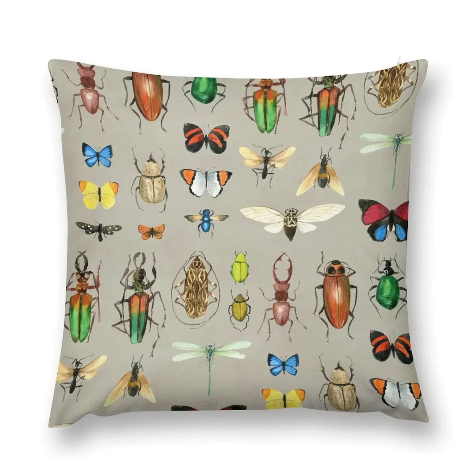 The Usual Suspects - Insects on grey - watercolour bugs pattern by Cecca Designs Throw Pillow Decorative Sofa Cushions pillow