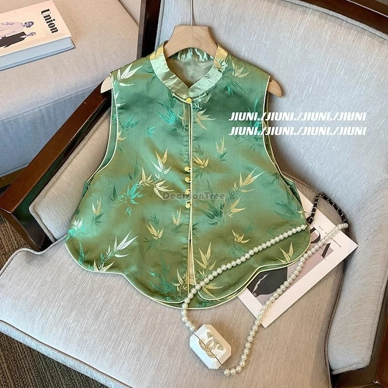 

2025 new chinese style bamboo leaf jacquard vest for women new spring autumn cheongsam button zen-stanf collar sleeveless vest