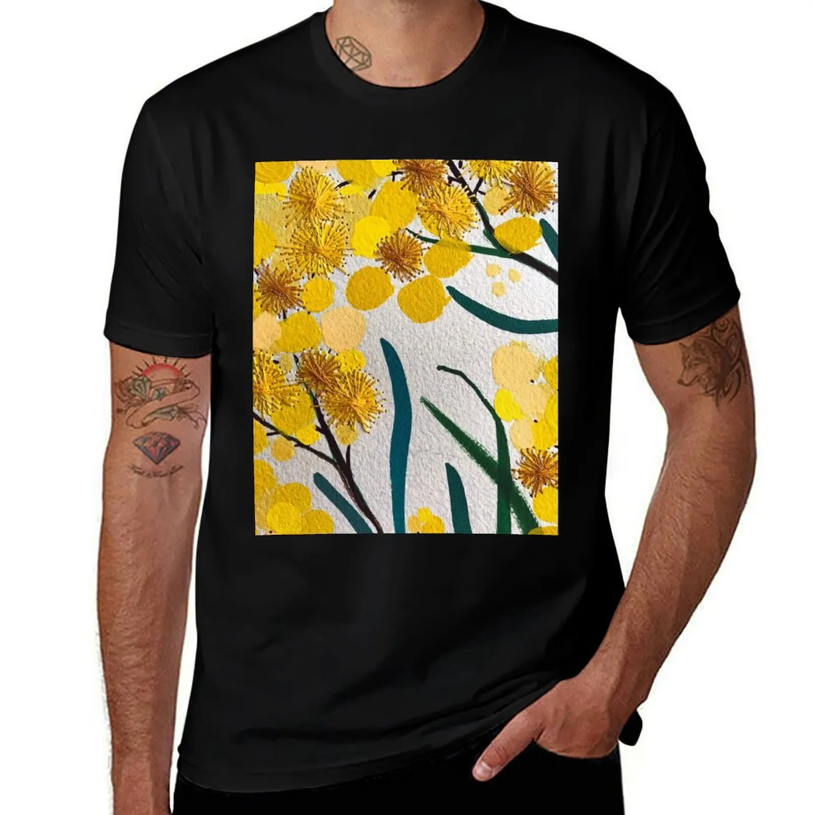 Golden Wattle Flowers by Australian Artist Leah Gay T-Shirt Street Art Print Tee Shirt T-Shirt