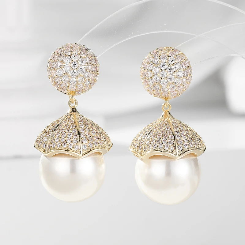 

Изысканные крупные серьги-подвески с жемчугом для женщин, роскошные серьги-капельки с полным инкрустацией цирконами в форме листа лотоса, свадебные украшения 2026