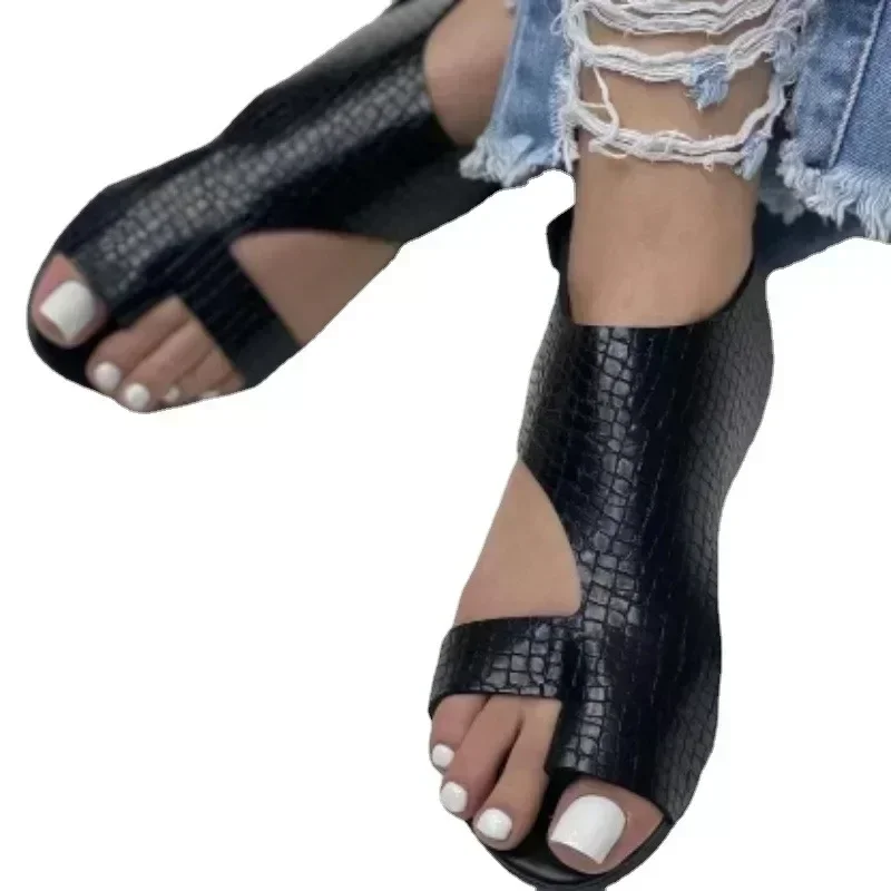 2024 Ladies Shoes Toe Set Women's Sandals Summer Rome Snake Pattern Solid Outdoor Casual Beach Flat Comfortable Ladies Sandals