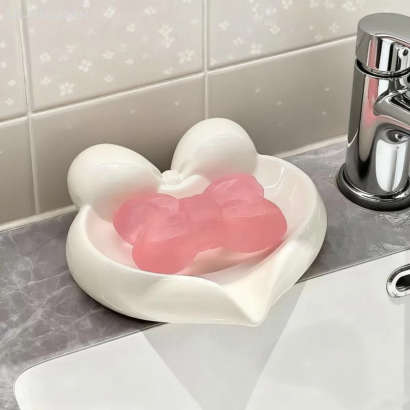 ZLinKJ Cute Bow Heart Soap Dish Ceramic Self Draining Design No Water Residue Soap Holder for Bathroom Kitchen Countertop