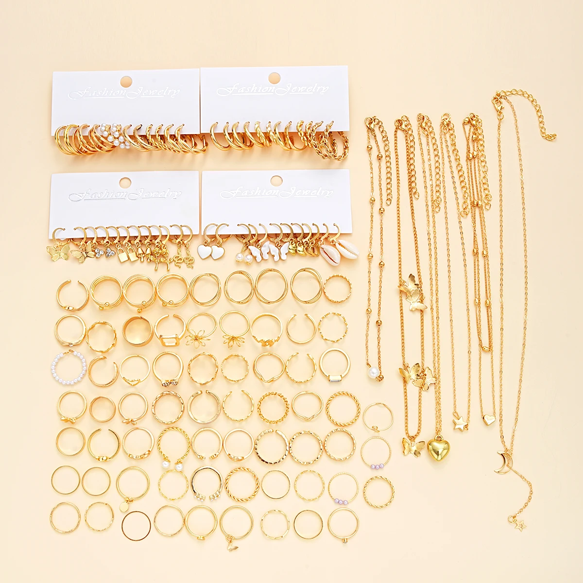 114-piece Jewelry Set Lovely Atmosphere Lady Punk Pearl Metal Ring Earring Necklace Set