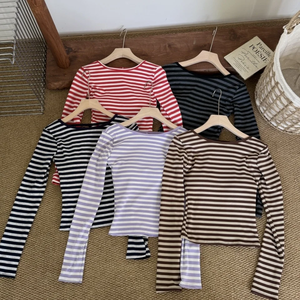 Autumn New Pure Desire Striped Print Splice Backless Long Sleeve T-Shirt Women's Slim Fixed Band Chest Pad Short Style Top